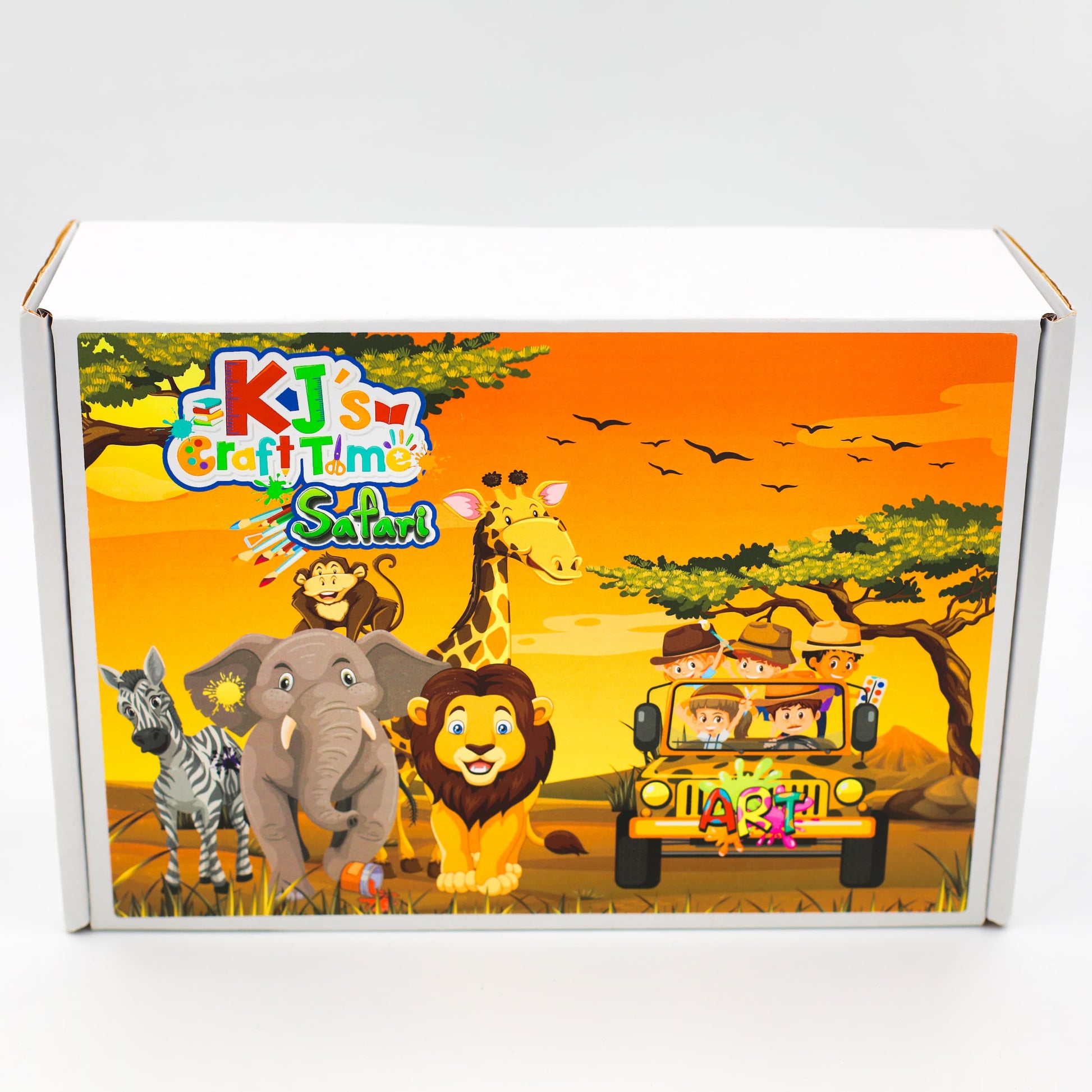 Safari craft kit for kids by KJ’s Craft Time featuring illustrated safari animals including lion, elephant and giraffe.