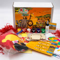Safari craft kit for kids by KJ’s Craft Time including wooden safari animal crafts, paints, Africa map activity and educational materials.