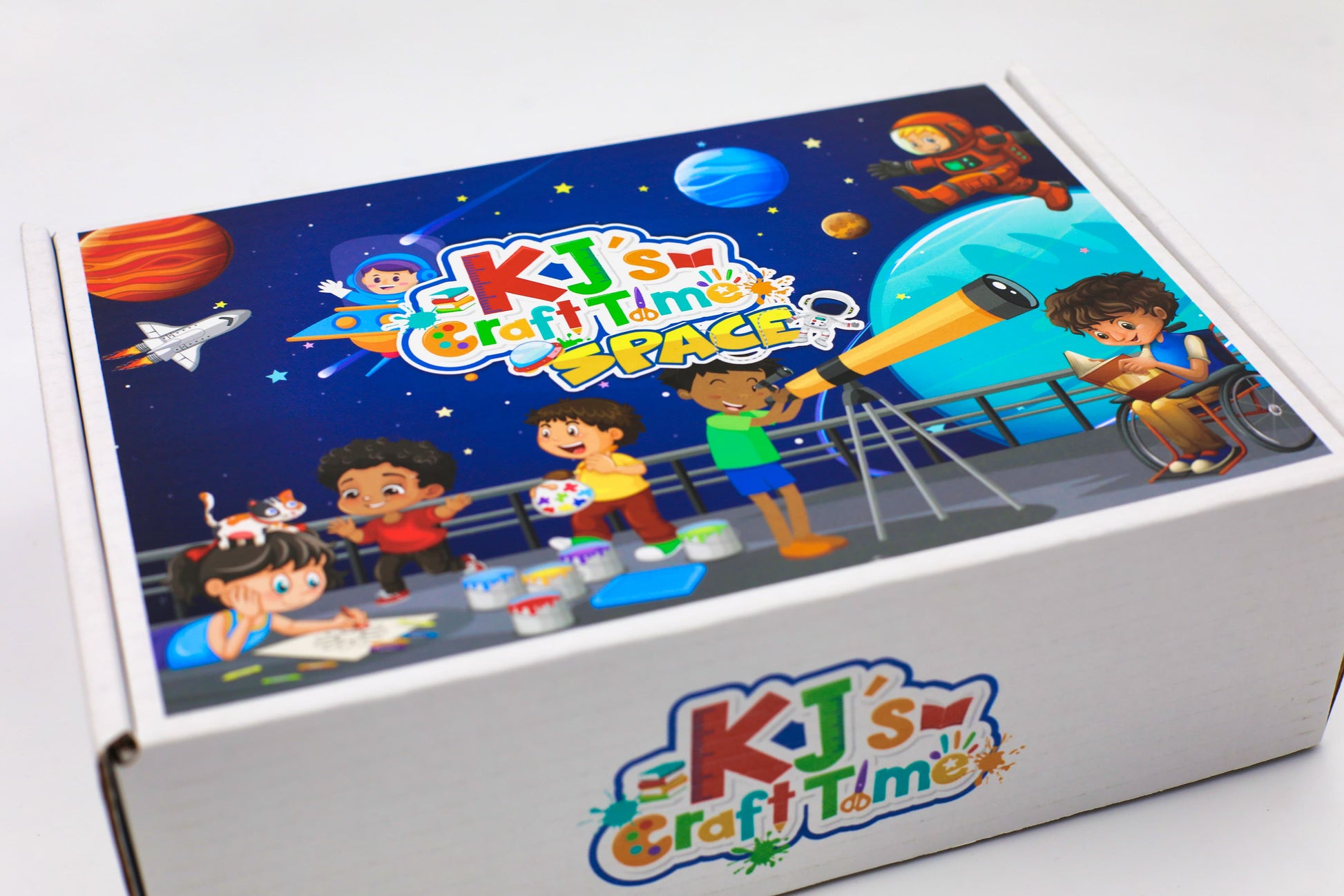 Angled view of Space craft box for kids by KJ’s Craft Time on white background.