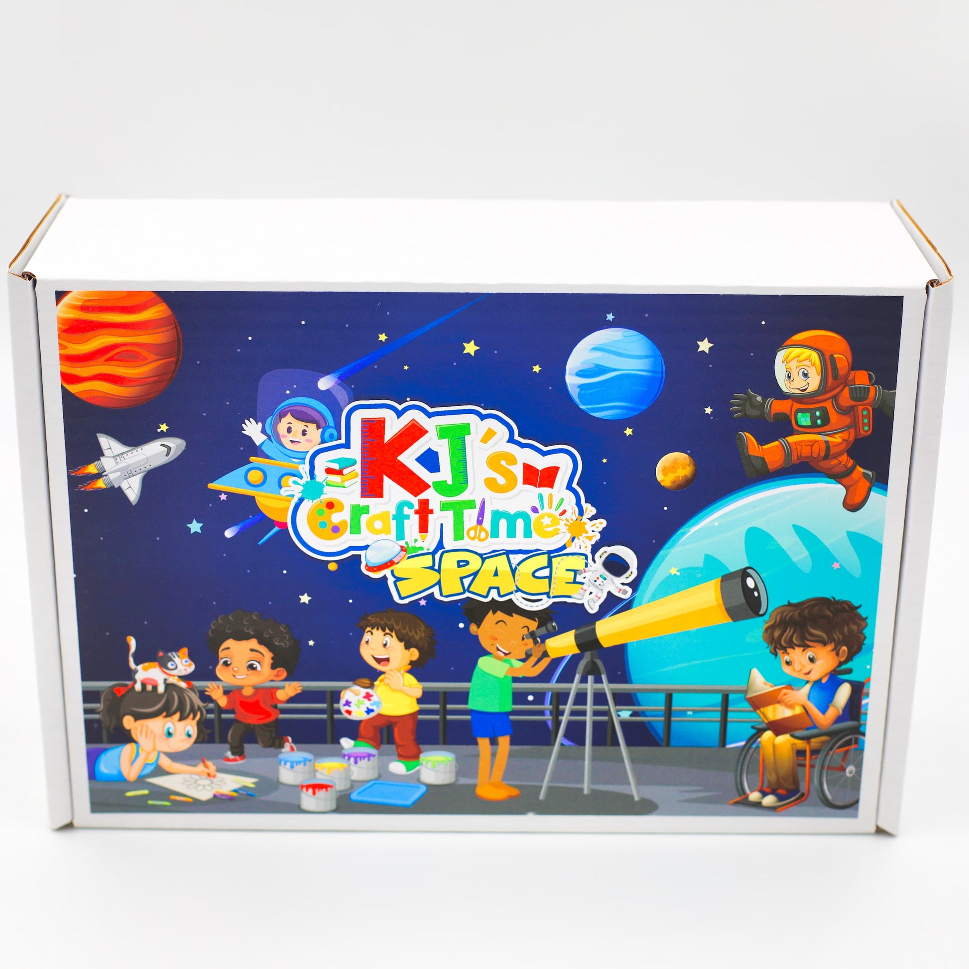 Space craft kit for kids by KJ’s Craft Time featuring illustrated space themed packaging with planets, astronauts and telescope design.